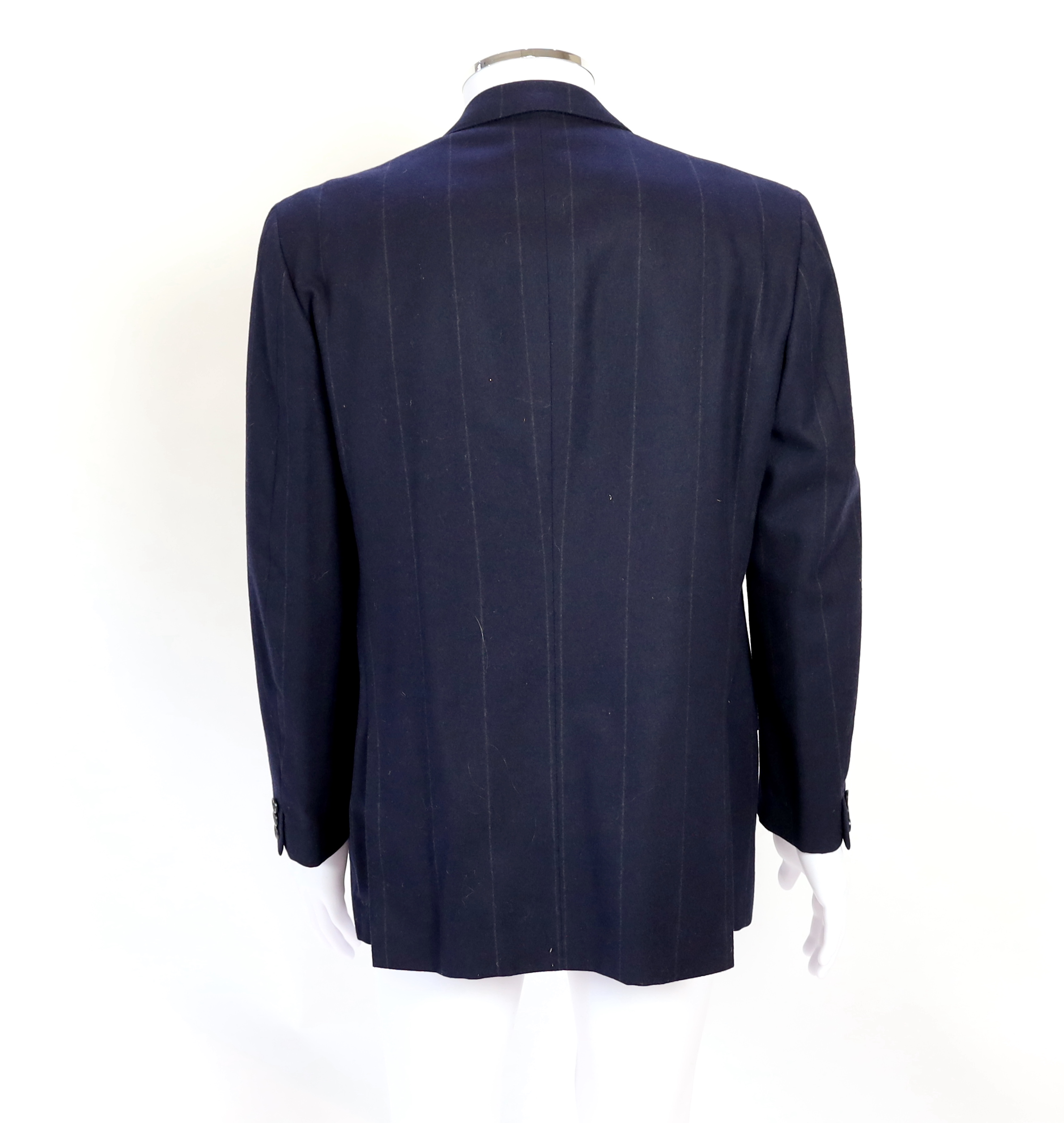 A Saint Laurent rive gauche gentlemen's navy chalk stripe three-piece double breasted wool suit, jacket 42